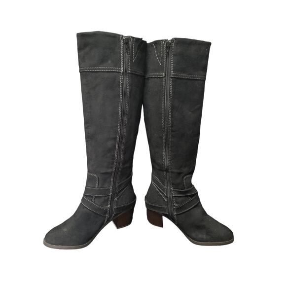 New Direction Black Suede Like Material Buckle Harness Strap High Heel Boots - Picture 3 of 10